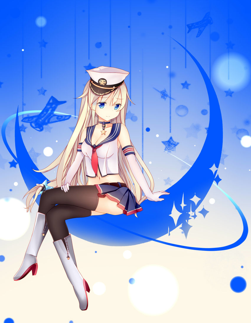 1girl, absurdres, bare_shoulders, black_thighhighs, blonde_hair, blue_eyes, boots, breasts