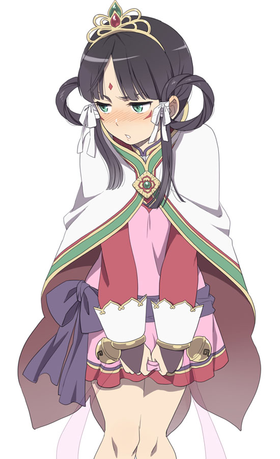1girl, ace_attorney, black_hair, blush, bow, cape, dress, facial_mark