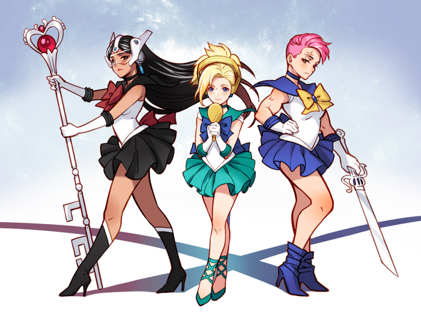 3girls, bad_id, bad_pixiv_id, biceps, bishoujo_senshi_sailor_moon, black_hair, black_neckwear, blonde_hair, blue_sailor_collar, cosplay, dark-skinned_female, dark_skin, eclosion, gloves, hand_mirror, high_heels, mercy_(overwatch), mirror, multiple_girls, oohara_sayaka, outer_senshi, overwatch, overwatch_1, pink_hair, sailor_collar, sailor_neptune, sailor_neptune_(cosplay), sailor_pluto, sailor_pluto_(cosplay), sailor_senshi, sailor_uranus, sailor_uranus_(cosplay), skirt, staff, sword, symmetra_(overwatch), tinted_eyewear, toned, toned_female, visor, voice_actor_connection, weapon, white_gloves, zarya_(overwatch)