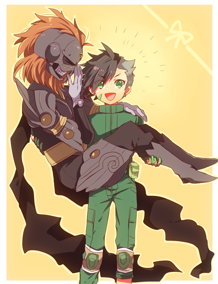 2boys, :d, beard, brown_hair, carrying, covering_face, dagda_(megami_tensei), demon_(megami_tensei)