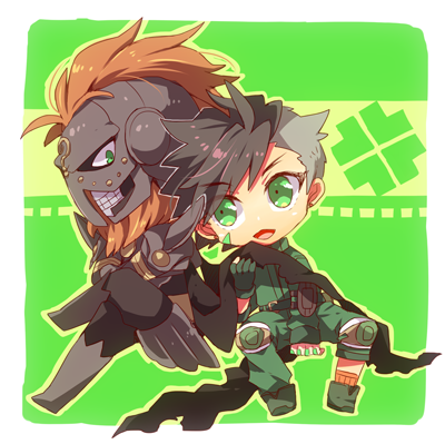 2boys, beard, brown_hair, chibi, dagda_(megami_tensei), demon_(megami_tensei), facial_hair, green_eyes