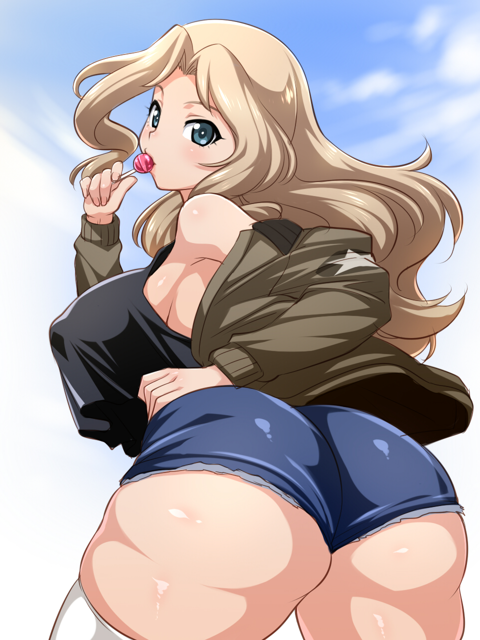 10s, 1girl, ass, back, bad_id, bad_pixiv_id, bare_shoulders, blonde_hair, blue_eyes, blush, breasts, candy, covered_erect_nipples, curvy, denim, denim_shorts, female_focus, food, girls_und_panzer, hand_on_own_hip, highres, jacket, kay_(girls_und_panzer), large_breasts, lollipop, long_hair, looking_at_viewer, looking_back, maeda_r44, off_shoulder, shorts, solo, tank_top, thick_thighs, thighhighs, thighs, white_thighhighs, wide_hips