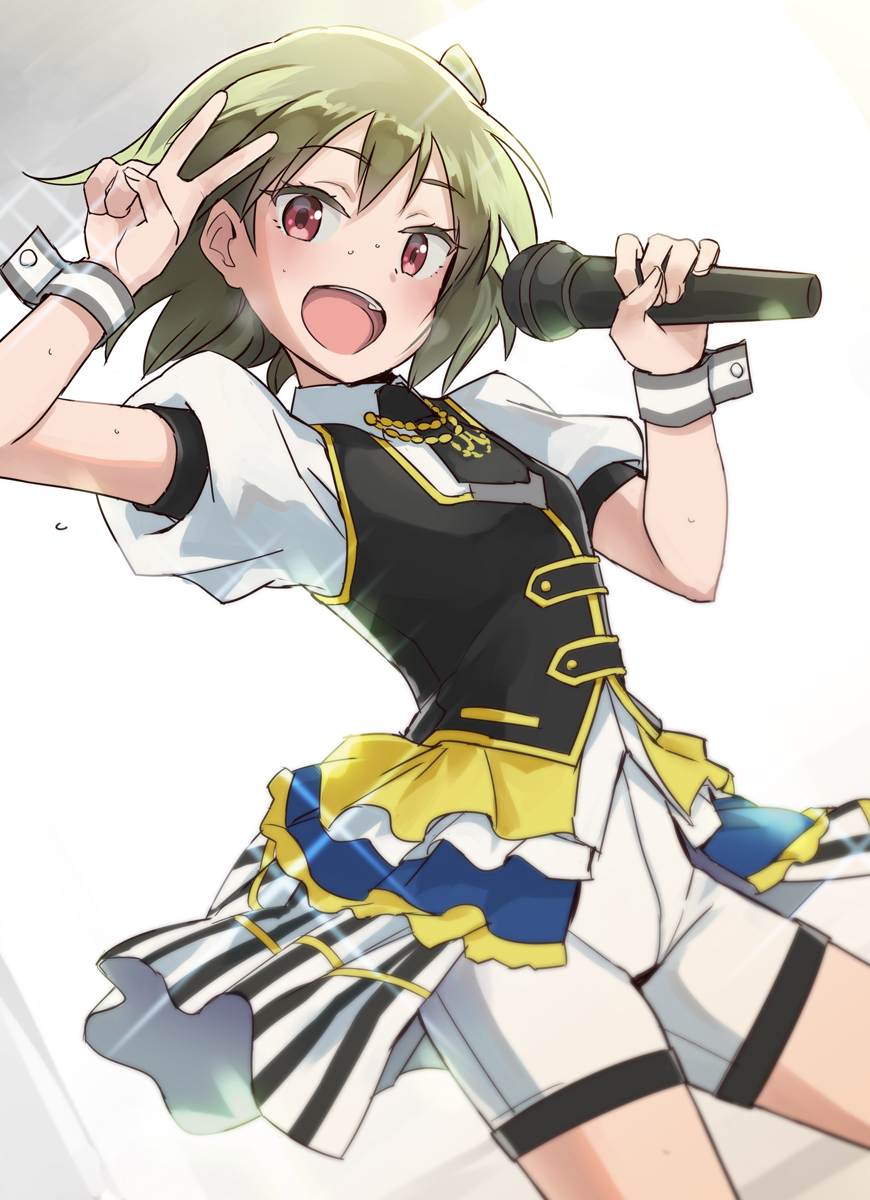 10s, 1girl, :d, cowboy_shot, female_focus, green_hair, highres, holding