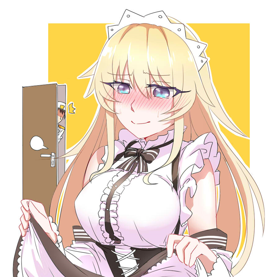 1boy, 1girl, ^^^, admiral_(warship_girls_r), alternate_costume, bad_id, bad_pixiv_id, blonde_hair, blue_eyes, blush, bow, breasts, clothes_lift, corset, detached_sleeves, enmaided, enterprise_(warship_girls_r), frills, full-face_blush, jpeg_artifacts, large_breasts, long_hair, lulu_heika, maid, maid_headdress, open_door, skirt, skirt_lift, solo_focus, sweat, tears, walk-in, warship_girls_r