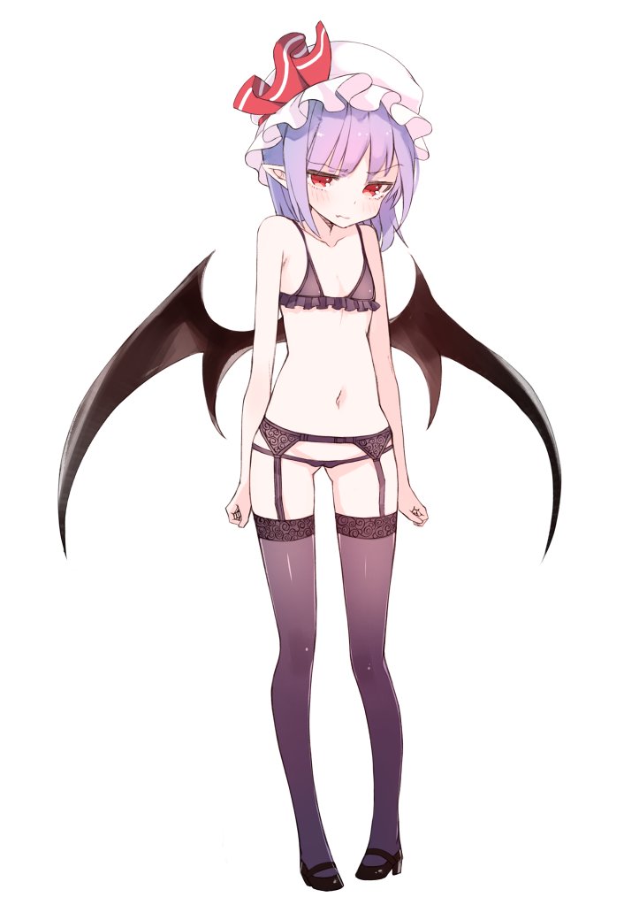 1girl, bad_id, bad_twitter_id, bat_wings, black_bra, black_panties, blush, bra