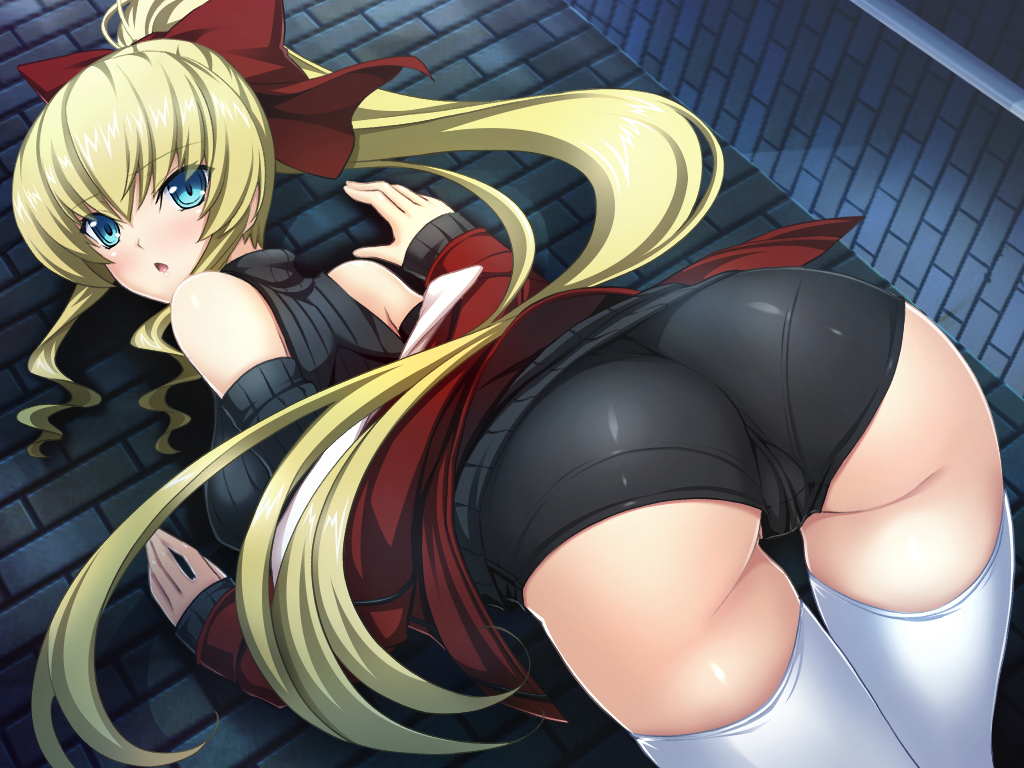 1girl, ass, black_panties, blonde_hair, blue_eyes, blush, bow, cameltoe, detached_sleeves, female_focus, game_cg, hair_bow, kouyoku_senki_exs-tia, kouyoku_senki_exs-tia_2, long_hair, long_sleeves, looking_at_viewer, lusterise, panties, ponytail, red_bow, rieszverne_suzette_paladill, sleeves_past_wrists, solo, sweater, thighhighs, underwear, white_thighhighs