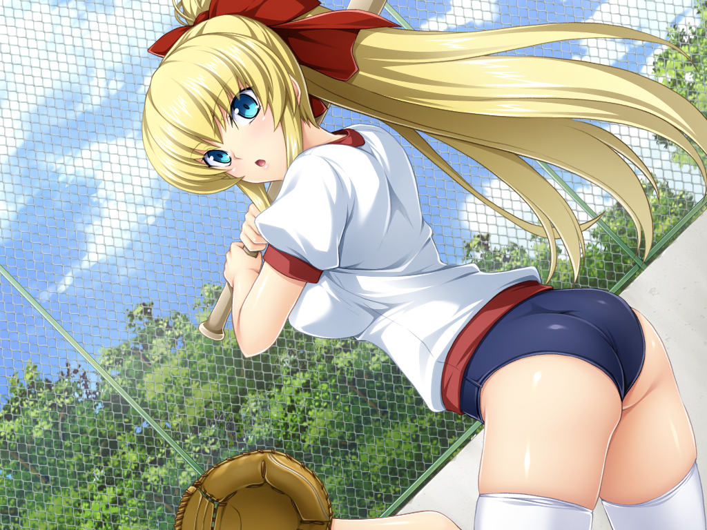 1girl, baseball_bat, blonde_hair, blue_eyes, blue_panties, female_focus, game_cg, gym_uniform, kouyoku_senki_exs-tia, kouyoku_senki_exs-tia_2, lips, long_hair, lusterise, open_mouth, panties, ponytail, rieszverne_suzette_paladill, shirt, short_sleeves, solo, t-shirt, thighhighs, tongue, underwear, white_shirt, white_thighhighs