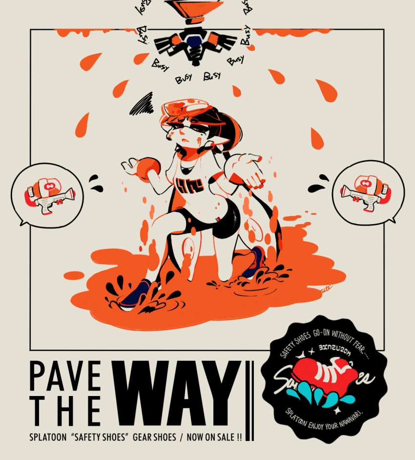 1girl, ad, bike_shorts, bracelet, callie_(splatoon), earrings, english_text, engrish_text