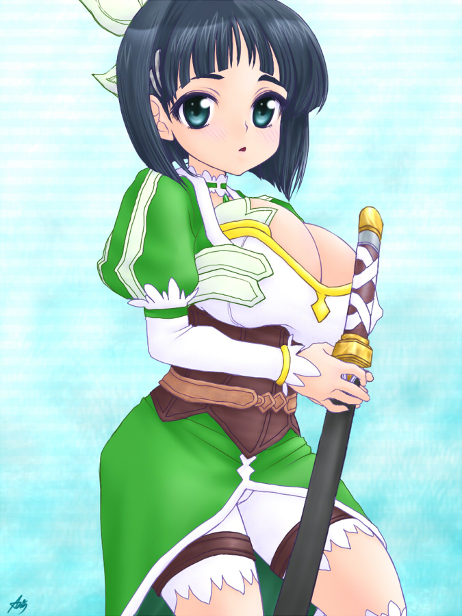 1girl, ashmix, black_hair, blue_eyes, blush, bob_cut, breasts, cleavage, cosplay, covered_erect_nipples, female_focus, hair_ornament, hairclip, kirigaya_suguha, large_breasts, leafa_(cosplay), leafa_(sao), looking_at_viewer, short_hair, smile, solo, sword_art_online