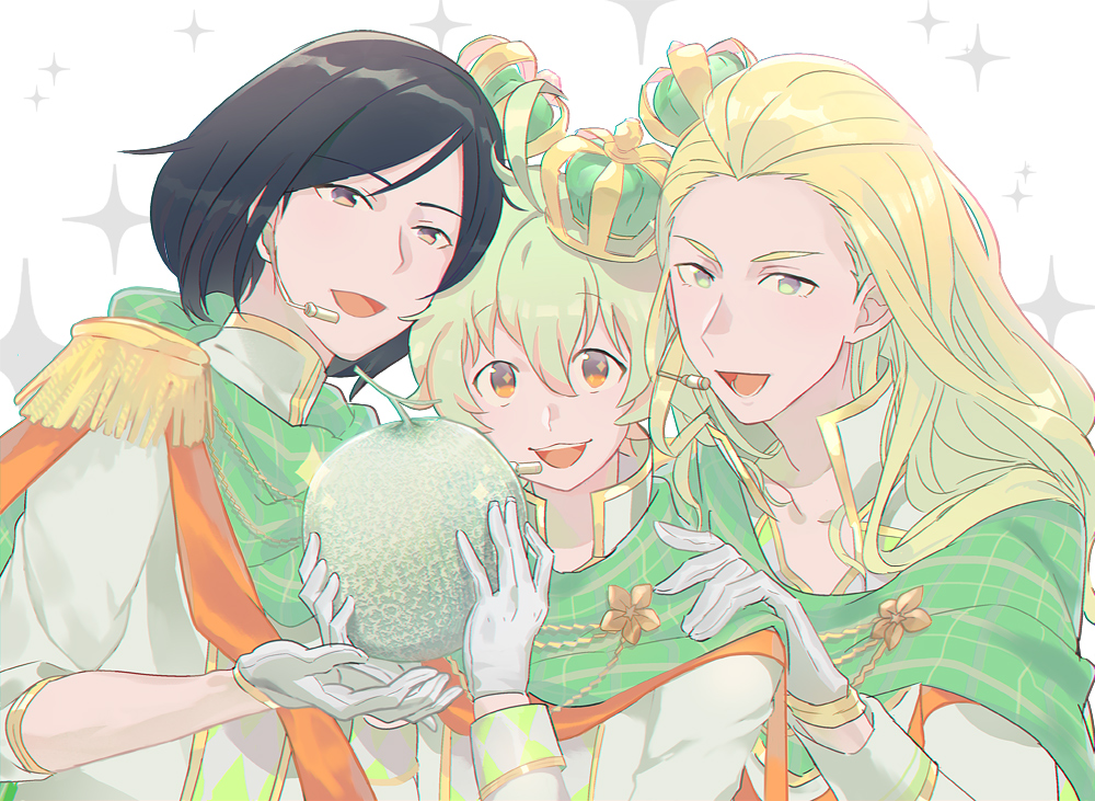 10s, 3boys, alternate_costume, bangs_pinned_back, black_hair, blonde_hair, boy_sandwich, brown_eyes