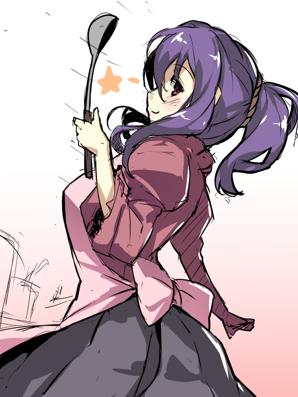 1girl, apron, black_skirt, blush, female_focus, juliet_sleeves, kasa_jizou, ladle