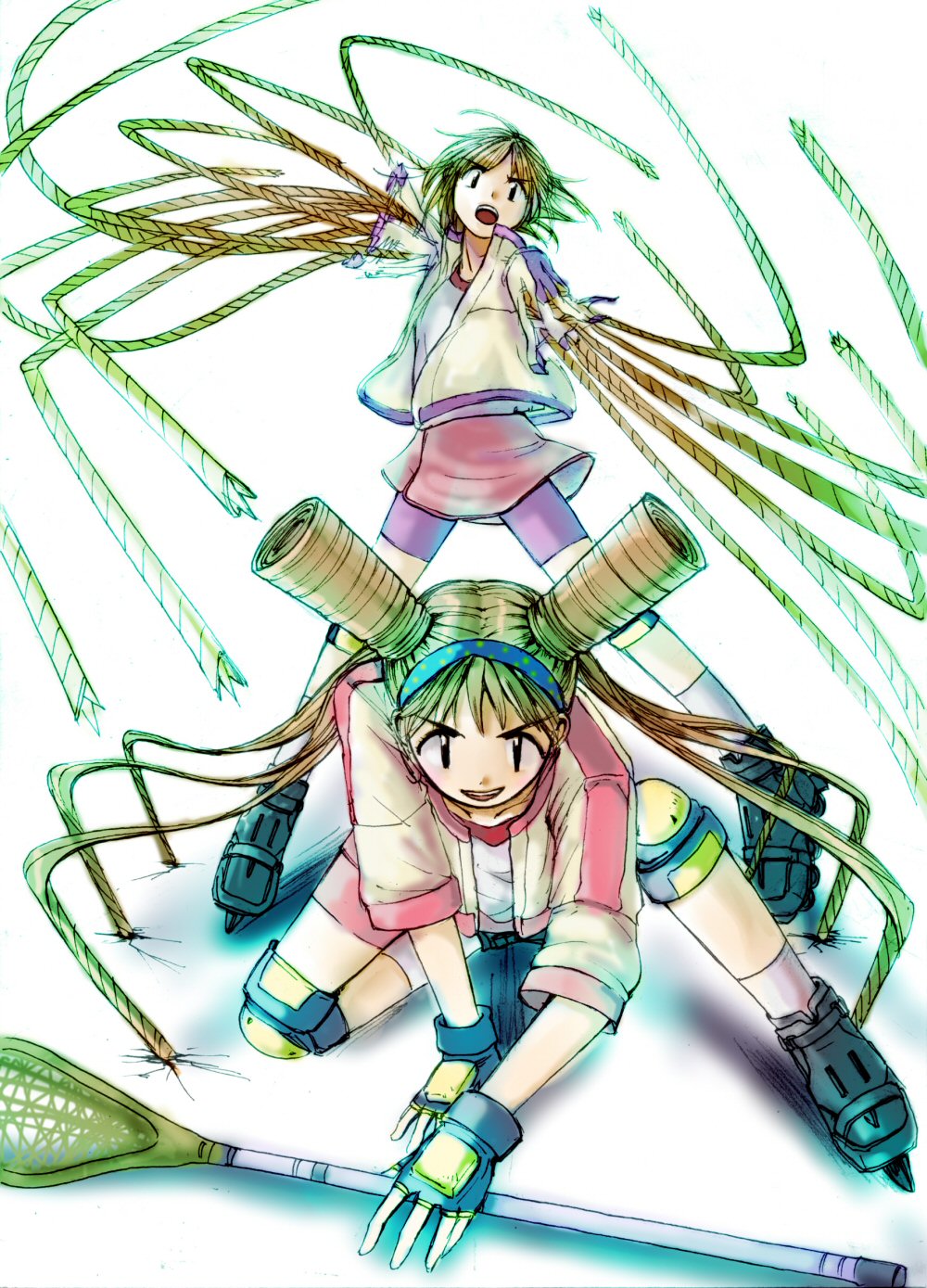 2girls, alien_nine, bike_shorts, blonde_hair, drill, eyebrows, fingerless_gloves, full_body