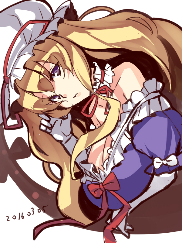 1girl, bare_shoulders, blonde_hair, breast_rest, breasts, cleavage, dated, detached_collar