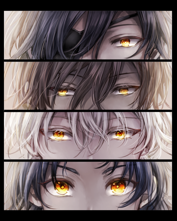 10s, 4boys, black_hair, blue_hair, brown_hair, close-up, date_clan_blades_(touken_ranbu), eye_focus