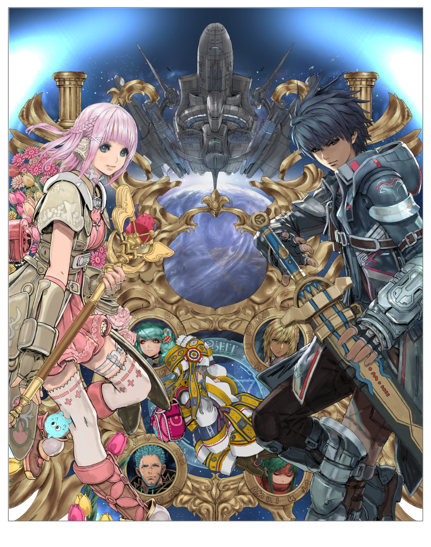 3boys, 4girls, absurdres, anne_(star_ocean), anne_petriceani, aqua_hair, blonde_hair, blue_facial_hair