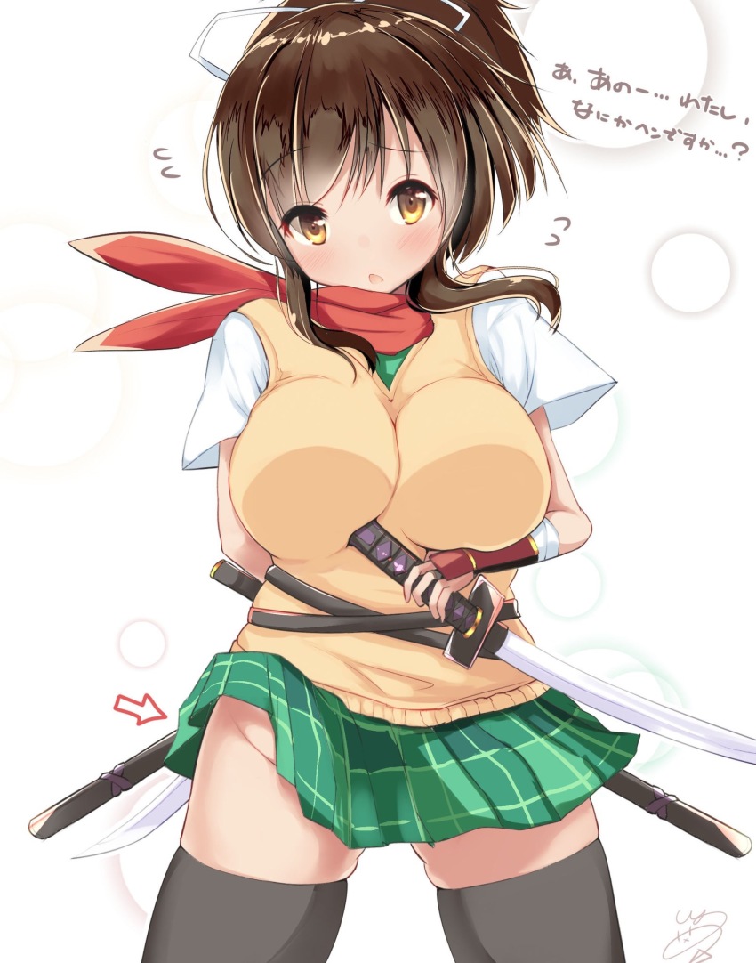 10s, 1girl, asuka_(senran_kagura), blush, breasts, brown_eyes, brown_hair, clothes_lift