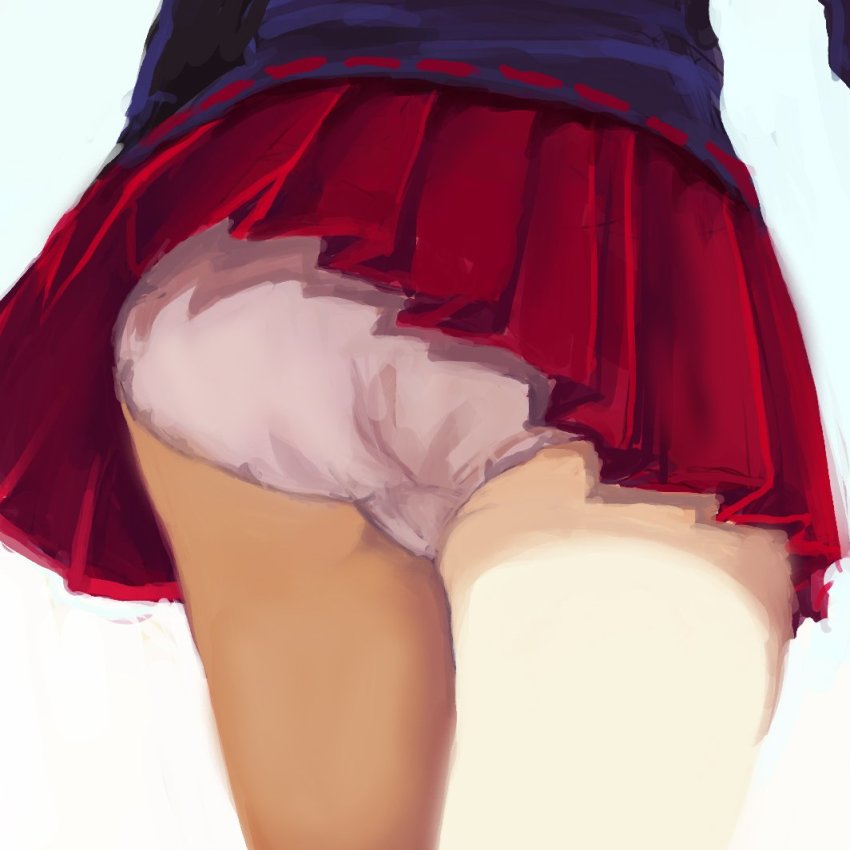 1girl, ass, blue_background, female_focus, from_behind, miniskirt, panties, pantyshot