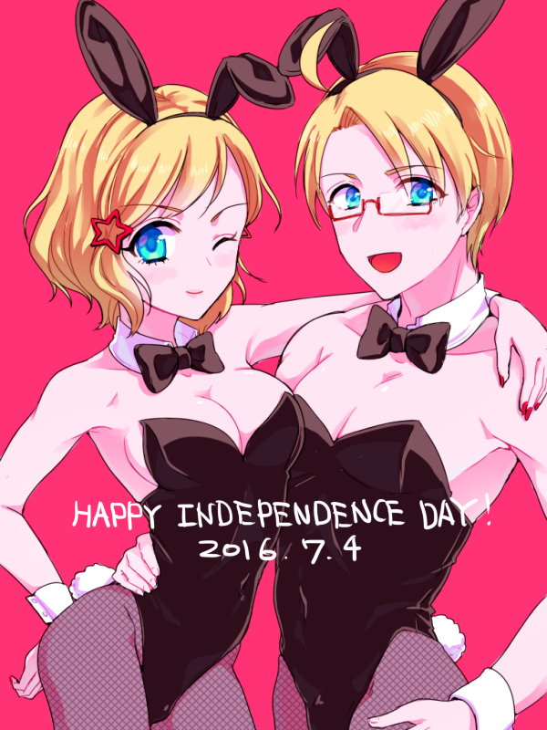 1boy, 1girl, 2016, america_(female)_(hetalia), america_(hetalia), animal_ears, auag_(sugar_and_spice), axis_powers_hetalia, bare_shoulders, birthday, blonde_hair, blue_eyes, bow, bowtie, breasts, cleavage, commentary_request, crossdressing, dated, detached_collar, dual_persona, fake_animal_ears, fishnet_pantyhose, fishnets, fourth_of_july, genderswap, genderswap_(mtf), glasses, hair_ornament, happy_birthday, male_playboy_bunny, medium_breasts, one_eye_closed, open_mouth, pantyhose, playboy_bunny, rabbit_ears, rabbit_tail, short_hair, small_breasts, smile, star_(symbol), star_hair_ornament, tail, wrist_cuffs