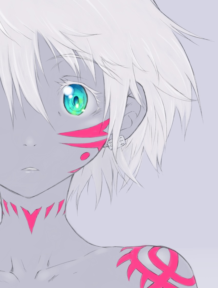 1girl, aqua_eyes, collarbone, colored_eyelashes, earrings, facial_tattoo, female_focus, highres