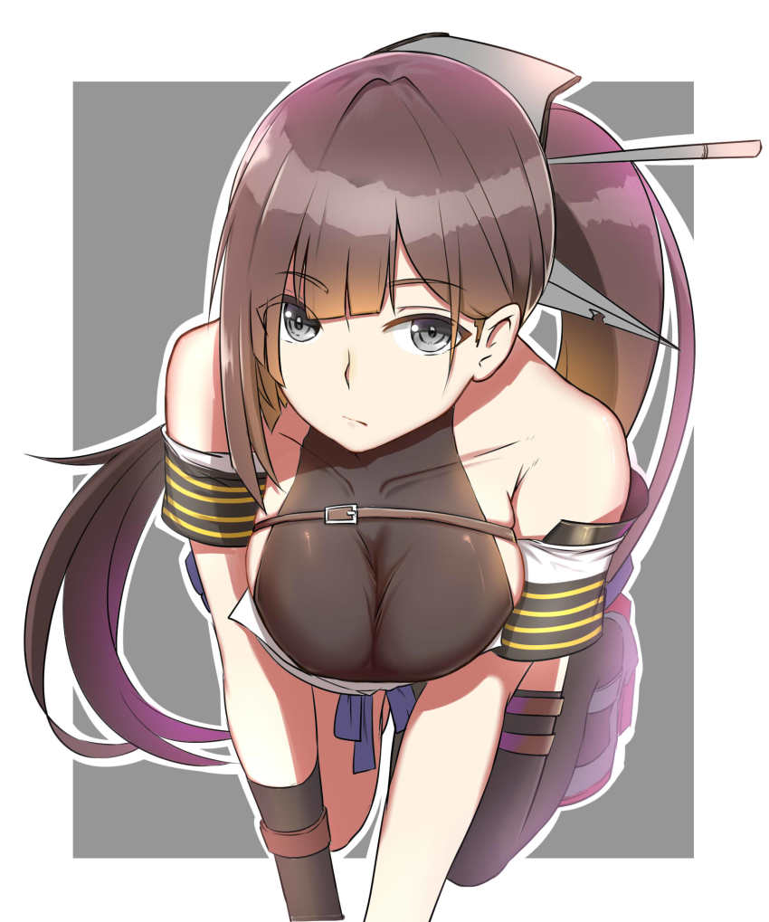 1girl, all_fours, asymmetrical_bangs, bad_id, bad_pixiv_id, bare_shoulders, breasts, brown_hair