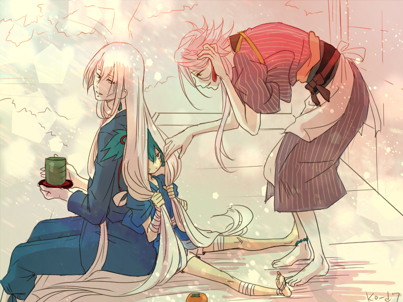 10s, 3boys, bad_id, bad_pixiv_id, bandages, bent_over, blue_eyes, blue_hair, cup, earrings, food, fruit, hand_in_own_hair, hiding, japanese_clothes, jewelry, jitome, ko_d8, kousetsu_samonji, leaning_forward, long_hair, male_focus, mandarin_orange, multiple_boys, parted_lips, persimmon, samonji_family_(touken_ranbu), sayo_samonji, smile, souza_samonji, teacup, touken_ranbu, tucking_hair, very_long_hair, yunomi