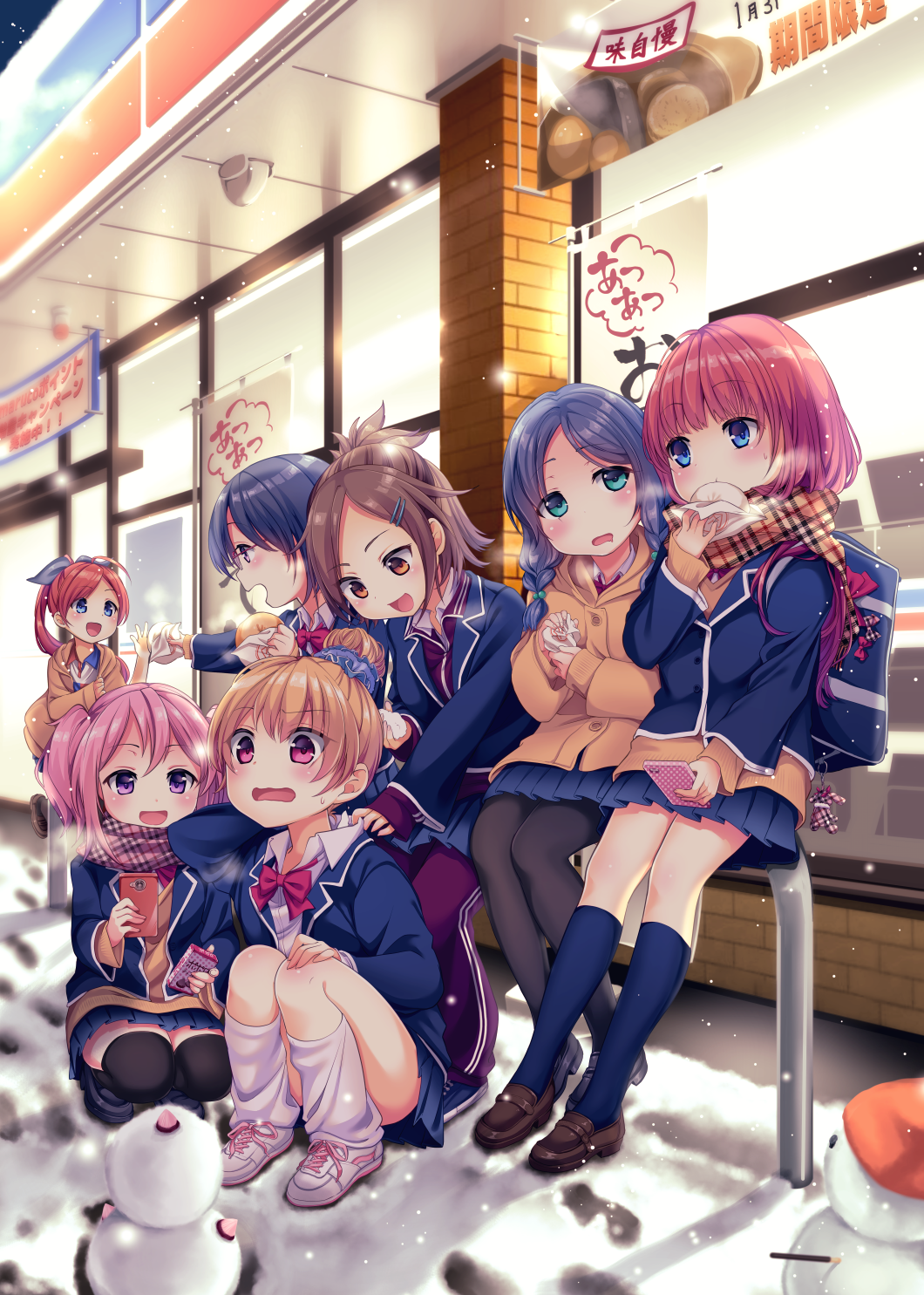 6+girls, :d, aqua_eyes, arm_behind_head, bad_id, bad_pixiv_id, bag, steamed_bun