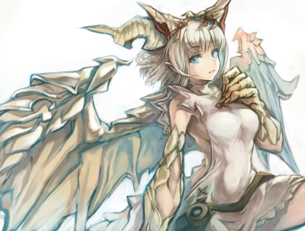 1girl, blonde_hair, blue_eyes, breasts, claws, dragon_girl, dragon_horns, dragon_wings