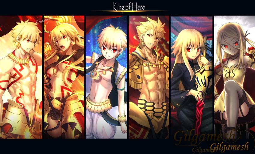 >:), 3boys, 3girls, :d, abs, absurdres, ahoge, ankle_ribbon, aora, armor, blonde_hair, breasts, cape, character_name, child_gilgamesh_(fate), column_lineup, cross, cross_necklace, ea_(fate), earrings, fate/grand_order, fate/hollow_ataraxia, fate/protoreplica, fate/prototype, fate/stay_night, fate_(series), garter_straps, gate_of_babylon_(fate), genderswap, genderswap_(mtf), gilgamesh-ko, gilgamesh_(fate), gilgamesh_(fate/prototype), grey_legwear, hair_slicked_back, hana_no_miyako!, highres, jewelry, leg_ribbon, long_hair, looking_at_viewer, multiple_boys, multiple_girls, multiple_persona, muscular, navel, necklace, nun, open_mouth, parted_lips, red_cape, red_eyes, ribbon, short_hair, smile, spiked_hair, tattoo, thighhighs, underboob, upper_body, v-shaped_eyebrows, waist_cape