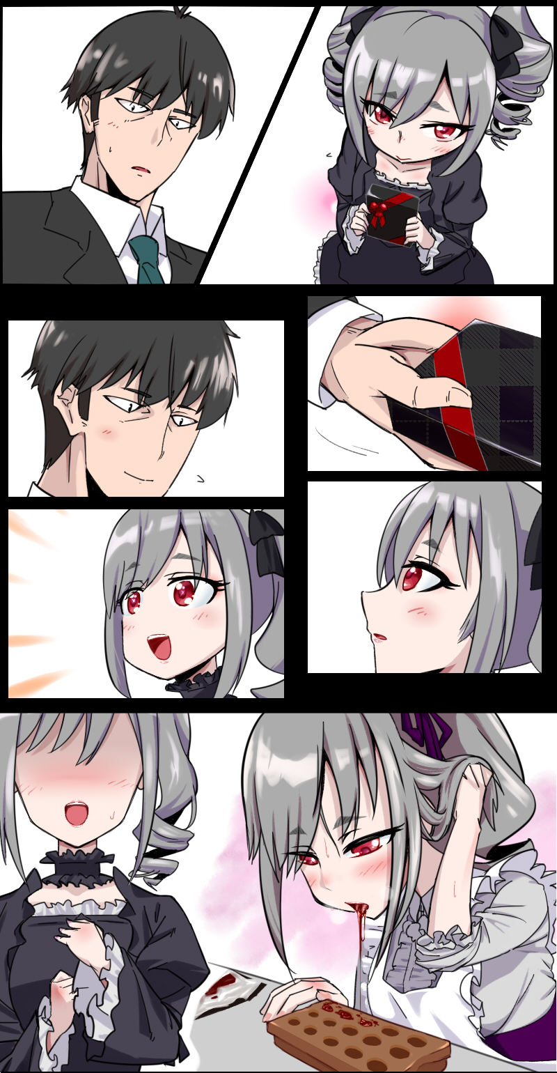 10s, 1boy, 1girl, :d, blush, business_suit, chocolate, comic
