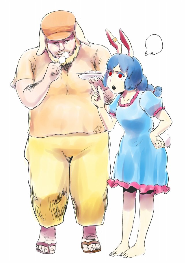 1boy, 1girl, american_ringo, animal_ears, arm_hair, barefoot, beard, blonde_hair