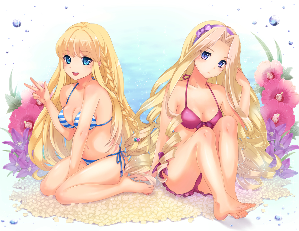 2girls, barefoot, bikini, blonde_hair, blue_eyes, braid, breasts, bubble