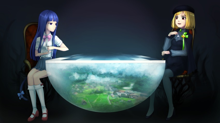 07th_expansion, 2girls, blonde_hair, blue_hair, crossover, female_focus, frederica_bernkastel, furude_rika