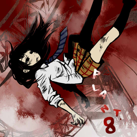 1girl, black_hair, blue_necktie, coppelion, english_text, falling, female_focus, half-closed_eyes