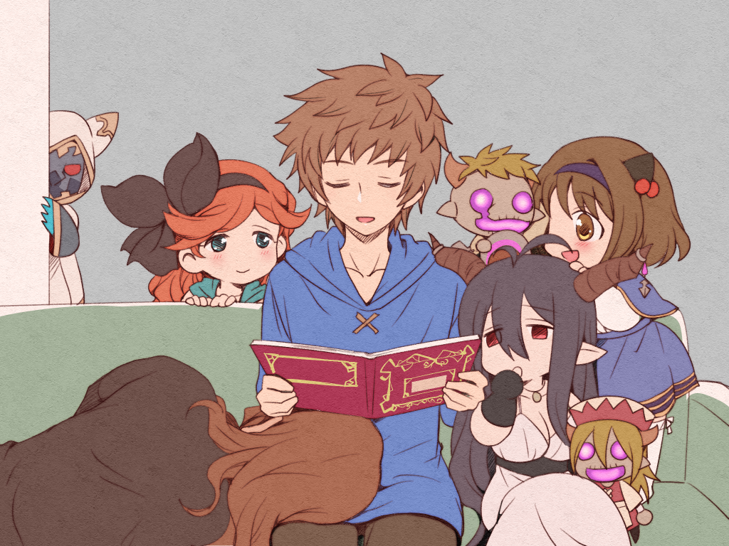 10s, 3boys, 3girls, akari_seisuke, blush, book, breasts, brown_hair