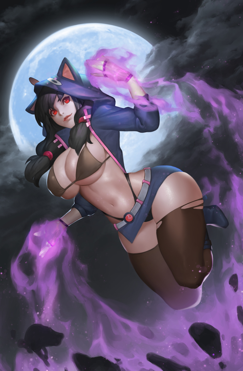 1girl, absurdres, backlighting, belt, bikini, black_bikini, black_hair, black_thighhighs