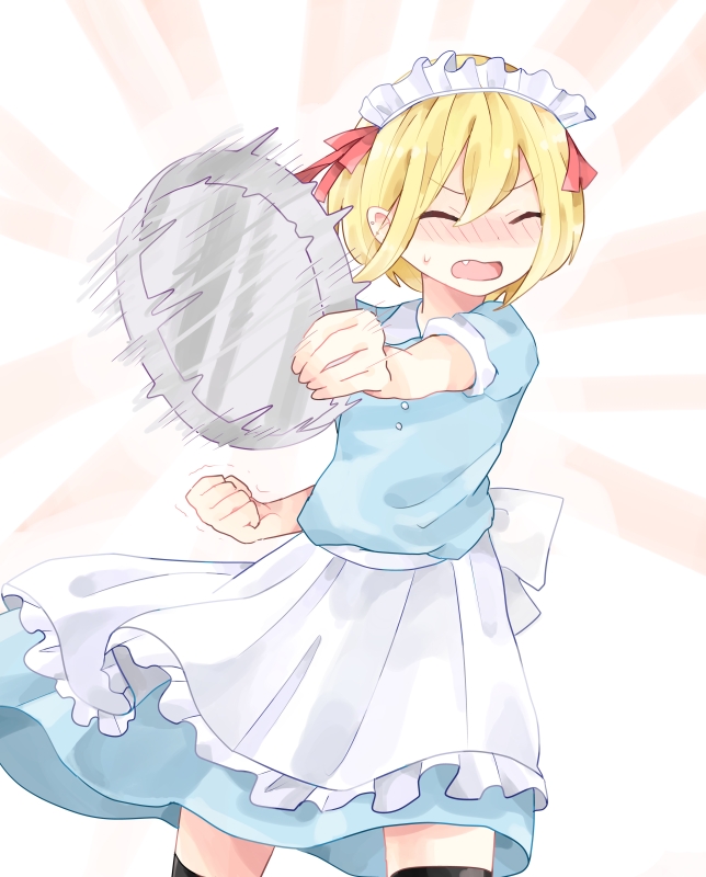 10s, 1girl, apron, blonde_hair, blush, closed_eyes, echizen_(tanakeda), fang