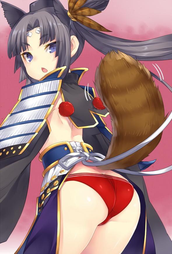 1girl, armor, ass, back, black_hair, blue_eyes, blush, butt_crack, fate/grand_order, fate_(series), female_focus, hat, japanese_armor, kusazuri, looking_at_viewer, looking_back, open_mouth, panties, pom_pom_(clothes), ponytail, raccoon_tail, red_panties, revealing_clothes, shoulder_armor, sode, solo, tail, torimaru, underwear, ushiwakamaru_(fate), ushiwakamaru_(third_ascension)_(fate)