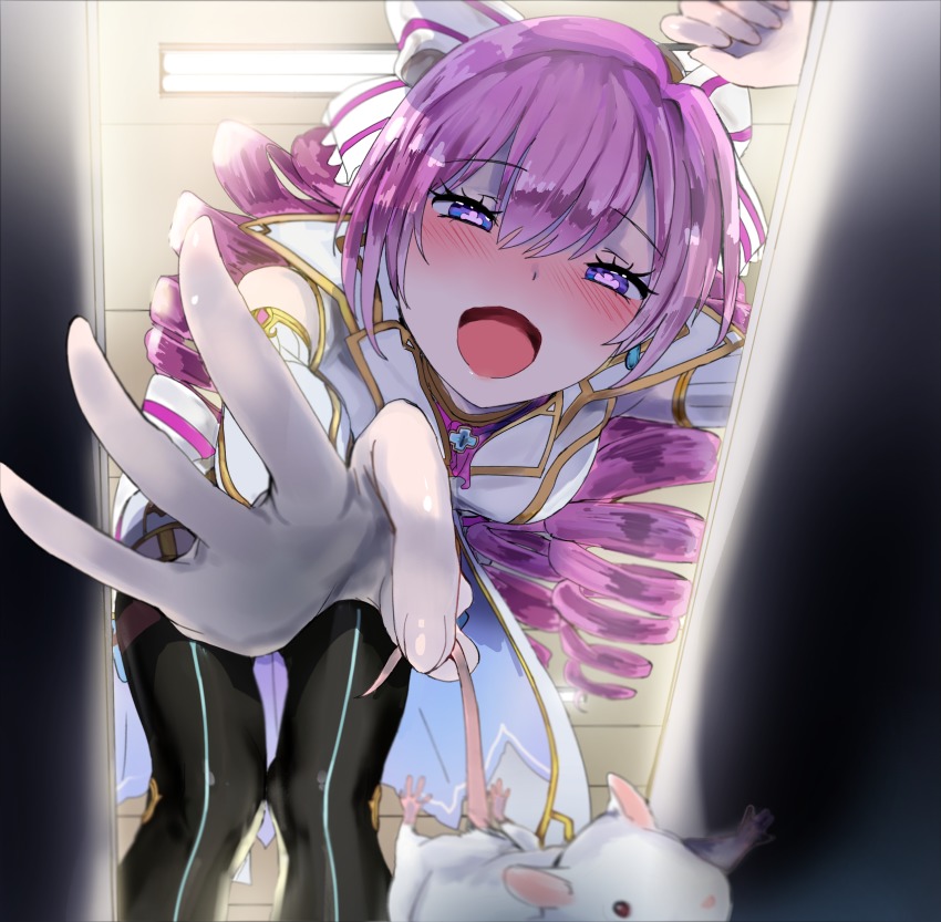 absurdres, blue_eyes, blush, hair_between_eyes, half-closed_eyes, highres, indoors, katia_(shironeko_project), mouse_(animal), open_mouth, pink_hair, ravejaeger, shironeko_project, solo, symbol-shaped_pupils, thighhighs