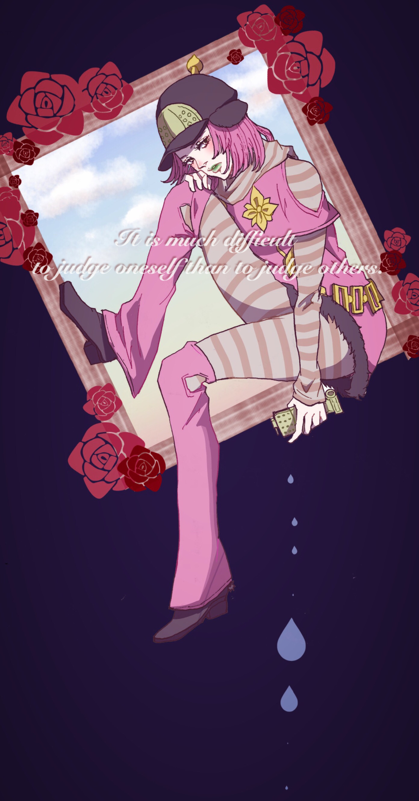 1girl, absurdres, cream_starter_(stand), daizu_(senriandsigure), english_text, engrish_text, female_focus, flower, full_body, green_lips, hat, highres, holding, hot_pants_(sbr), jojo_no_kimyou_na_bouken, lipstick, makeup, pink_eyes, pink_hair, ranguage, rose, sitting, solo, stand_(jojo), steel_ball_run, striped, water_drop