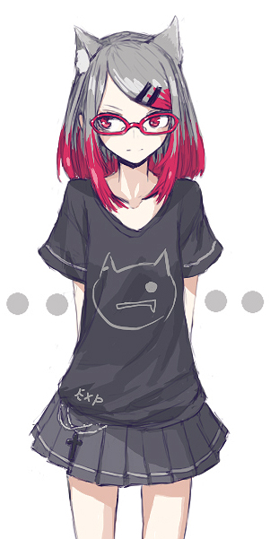 1girl, animal_ears, arms_behind_back, black_shirt, black_skirt, cat_ears, chain, closed_mouth