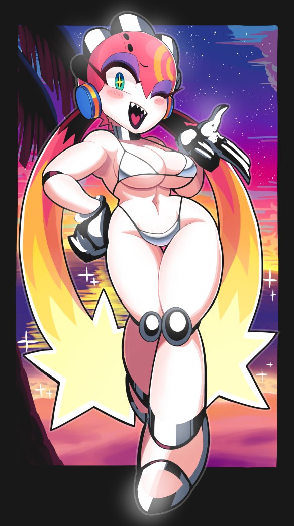 +_+, 1girl, ;), android, beach, bikini, blush_stickers, bommina, bommina_the_maidroid, breasts, cleavage, curvy, female_focus, full_body, gashi-gashi, gloves, gradient_hair, green_eyes, hand_on_own_hip, heart, heart_in_mouth, joints, long_hair, maid_headdress, multicolored_hair, navel, one_eye_closed, pink_hair, robot_ears, robot_joints, sharp_teeth, silver_bikini, smile, solo, swimsuit, teeth, thigh_gap, twintails, underboob, white_gloves, wink
