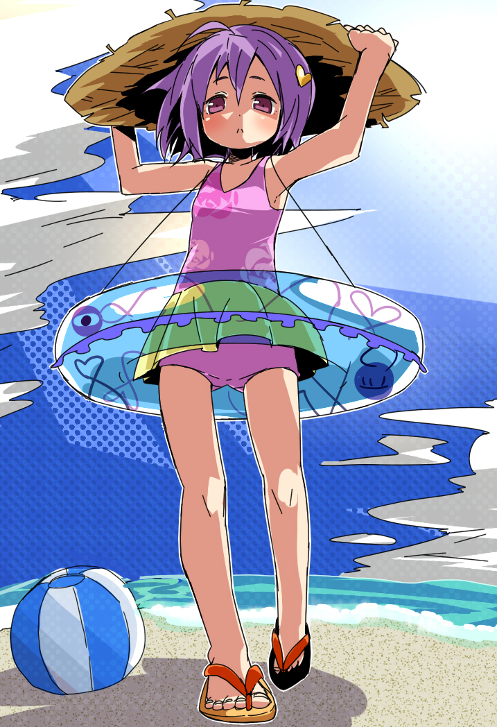 1girl, adjusting_clothes, adjusting_headwear, ball, beach, beachball, blue_sky, blush