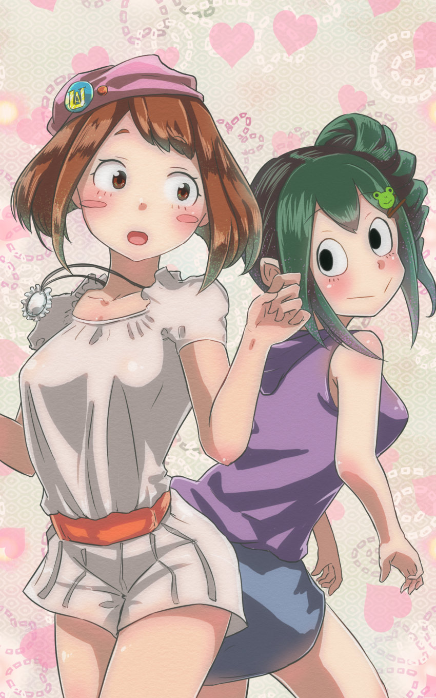 10s, 2girls, asui_tsuyu, black_eyes, boku_no_hero_academia, brown_hair, frog_hair_ornament, green_hair