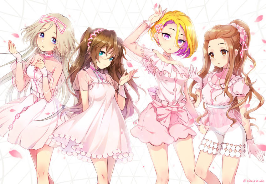 4girls, aihara_miu, blonde_hair, blue_eyes, brown_eyes, brown_hair, dress, echizen_murasaki