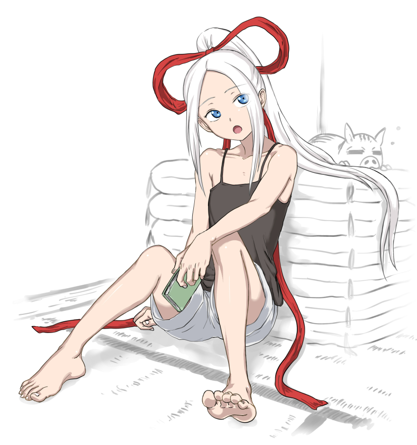 1girl, absurdres, bad_id, bad_pixiv_id, barefoot, blue_eyes, camisole, eyes_visible_through_hair