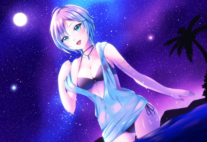 10s, 1girl, anastasia_(idolmaster), bad_id, bad_pixiv_id, bikini, blue_eyes, breasts, cleavage, dutch_angle, female_focus, idolmaster, idolmaster_cinderella_girls, jewelry, necklace, ocean, ruri_(pixky4323), short_hair, silver_hair, sky, smile, solo, star_(sky), starry_sky, swimsuit, wading