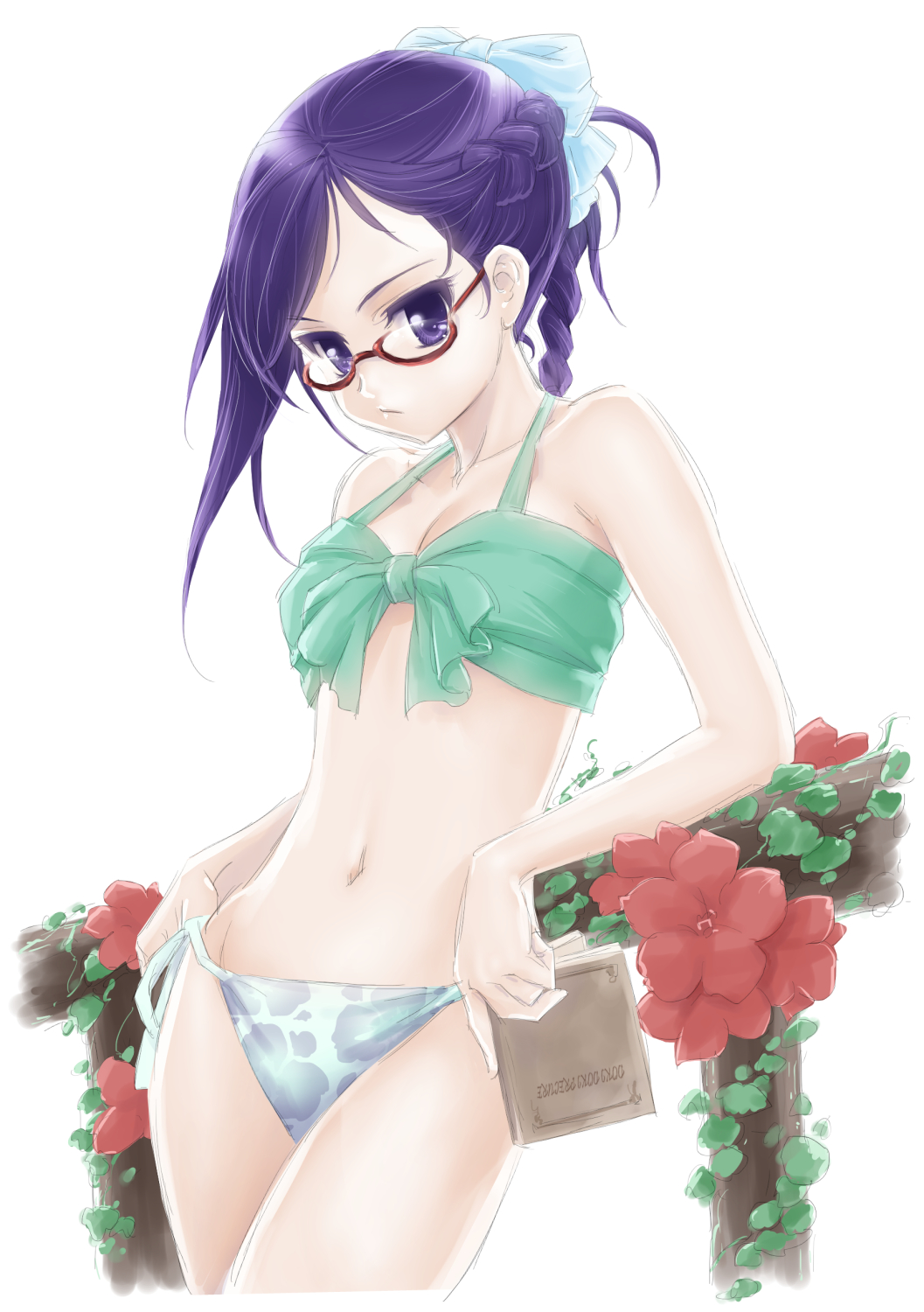 1girl, bikini, blue_eyes, blue_hair, book, braid, dokidoki!_precure, female_focus