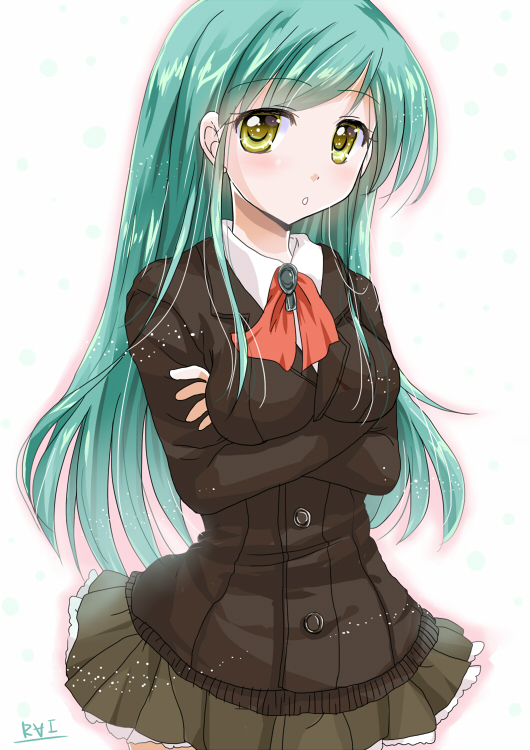 10s, 1girl, aqua_hair, ascot, breasts, collared_shirt, commentary_request, crossed_arms