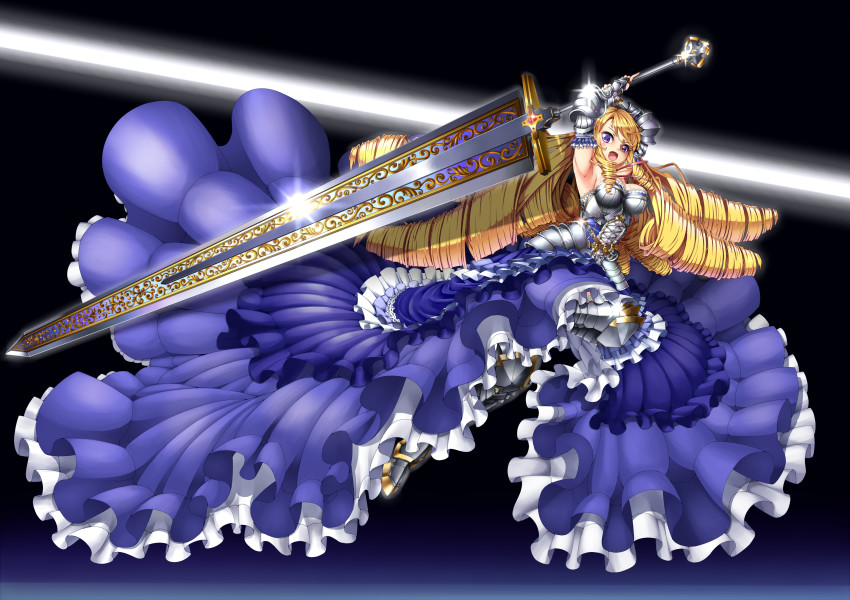 absurdres, armor, armored_dress, blonde_hair, blue_eyes, dress, drill_hair, gigantic_sword