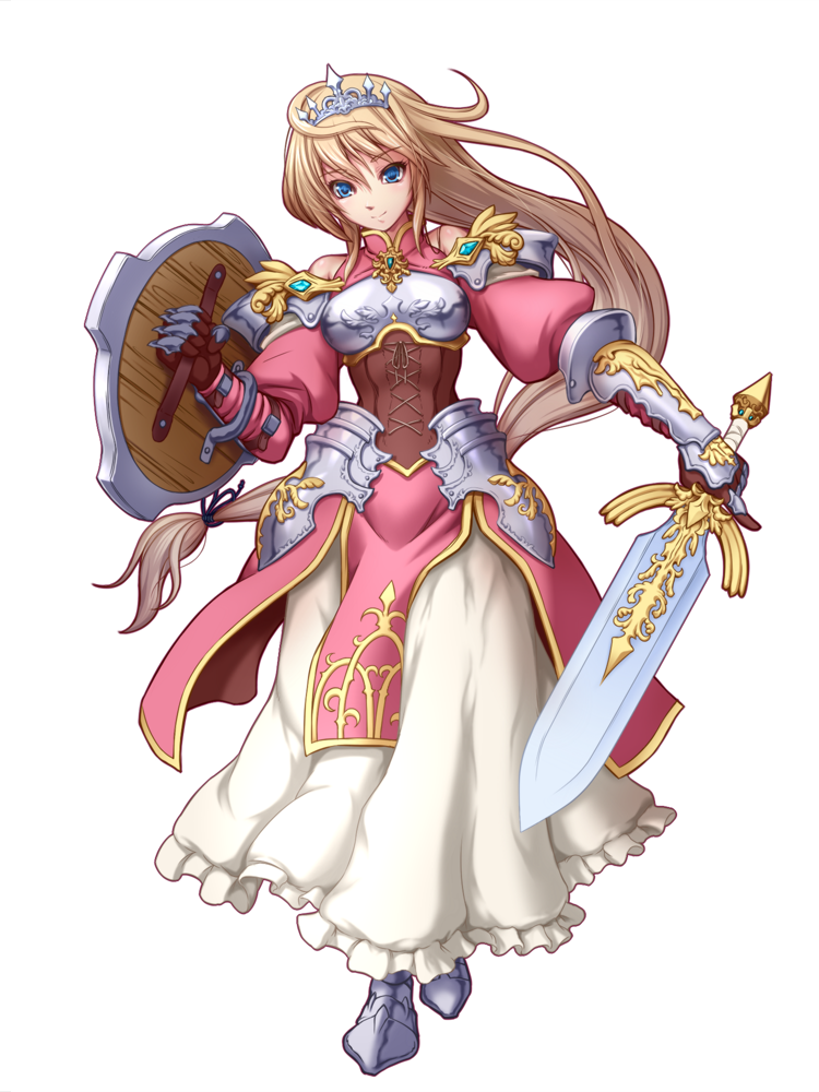 armor, armored_dress, blonde_hair, blue_eyes, dress, princess_knight, shield, sword